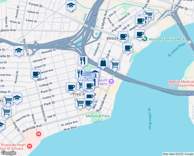 map of restaurants, bars, coffee shops, grocery stores, and more near 804 Oak Street in Jacksonville