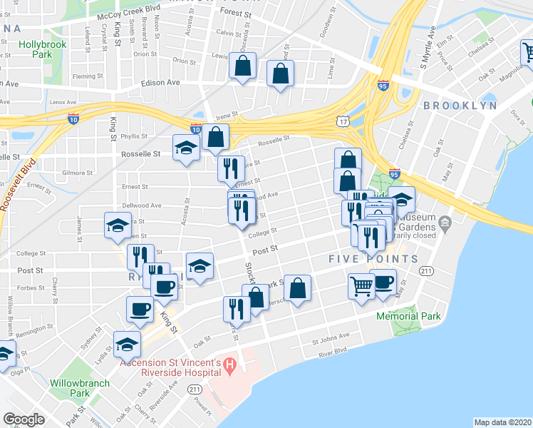 map of restaurants, bars, coffee shops, grocery stores, and more near Myra St & Osceola St in Jacksonville