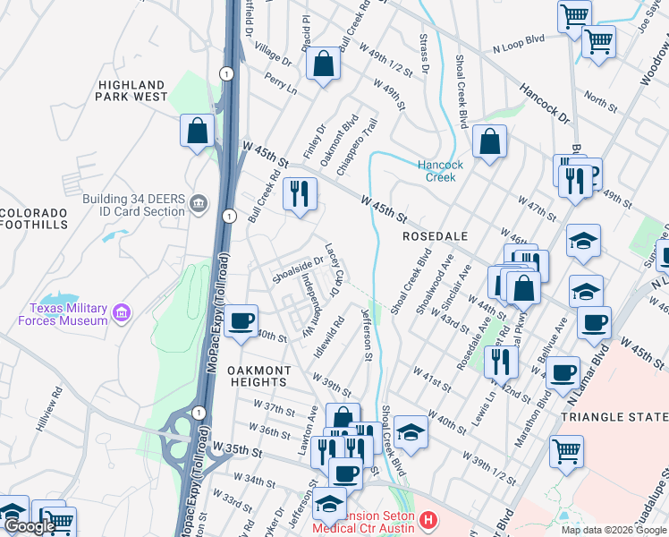 map of restaurants, bars, coffee shops, grocery stores, and more near 4718 Unity Circle in Austin