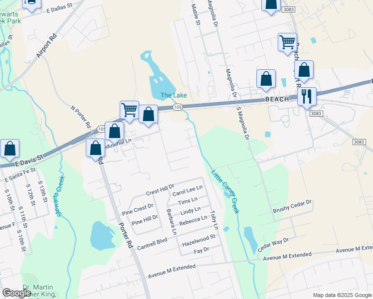 map of restaurants, bars, coffee shops, grocery stores, and more near 1800 Meridian Court in Conroe