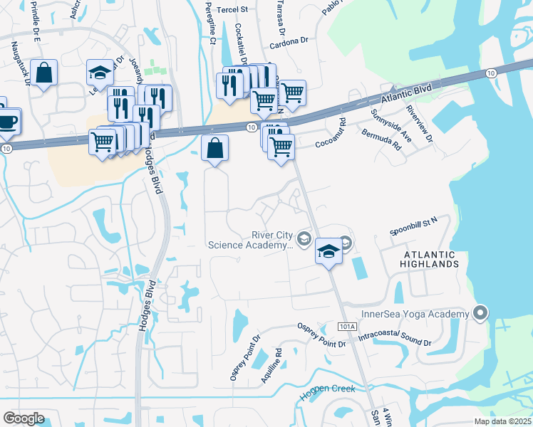 map of restaurants, bars, coffee shops, grocery stores, and more near 1700 San Pablo Road South in Jacksonville