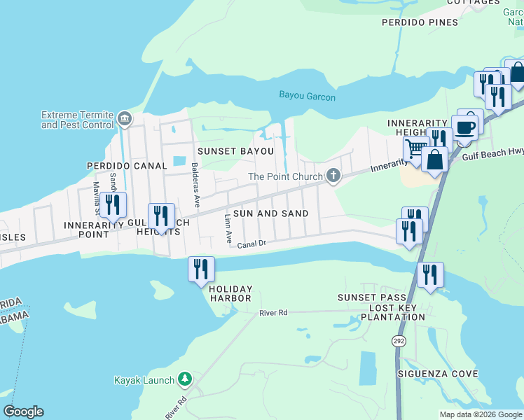 map of restaurants, bars, coffee shops, grocery stores, and more near 5858 Garcon Boulevard in Pensacola
