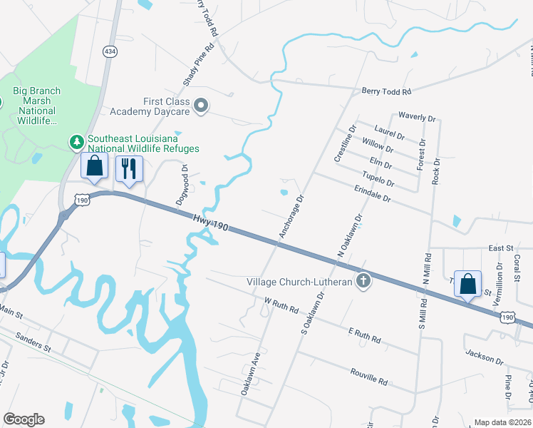 map of restaurants, bars, coffee shops, grocery stores, and more near 61117 Anchorage Drive in Lacombe