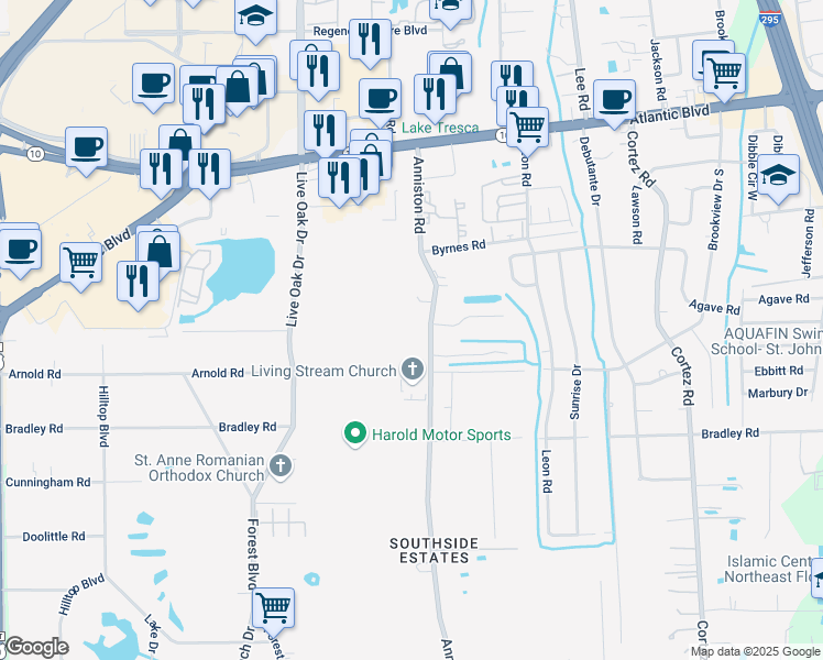 map of restaurants, bars, coffee shops, grocery stores, and more near 1874 Anniston Road in Jacksonville
