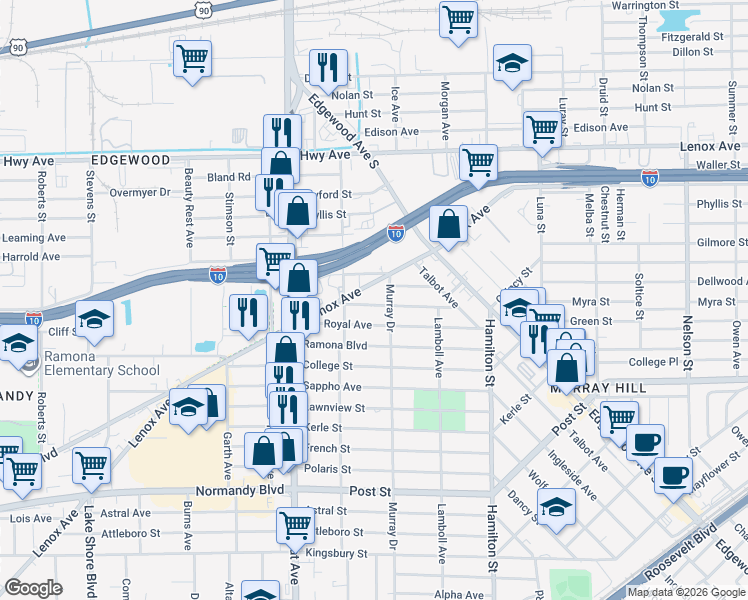 map of restaurants, bars, coffee shops, grocery stores, and more near 4742 Lenox Avenue in Jacksonville