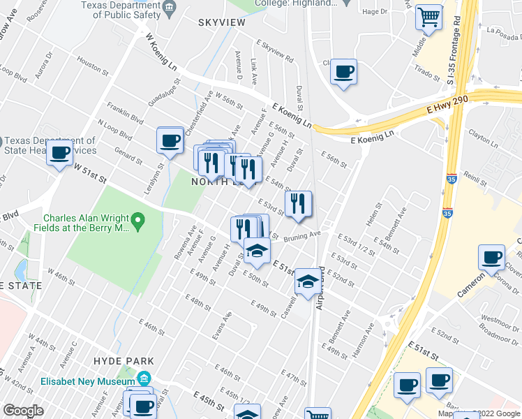 map of restaurants, bars, coffee shops, grocery stores, and more near 5214 Duval Street in Austin