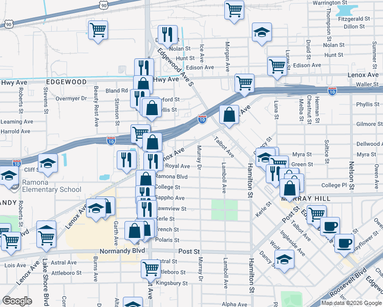 map of restaurants, bars, coffee shops, grocery stores, and more near 4742 Lenox Avenue in Jacksonville