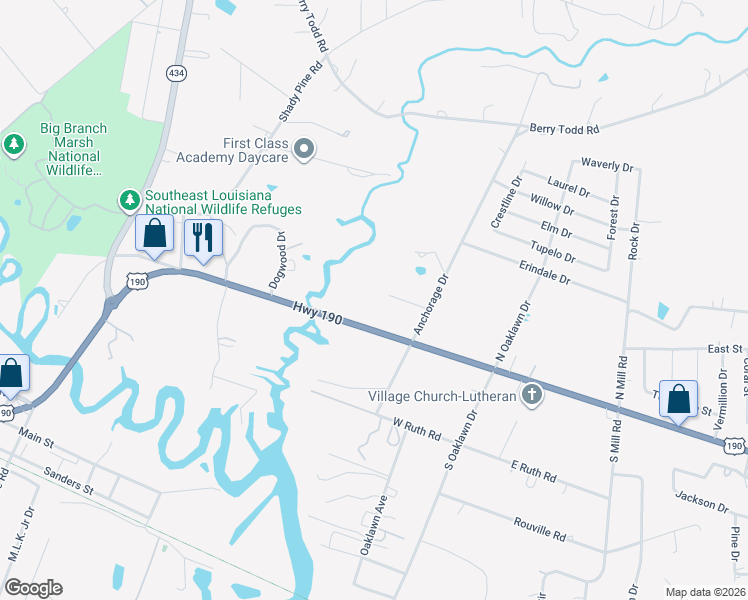 map of restaurants, bars, coffee shops, grocery stores, and more near 61117 Anchorage Drive in Lacombe