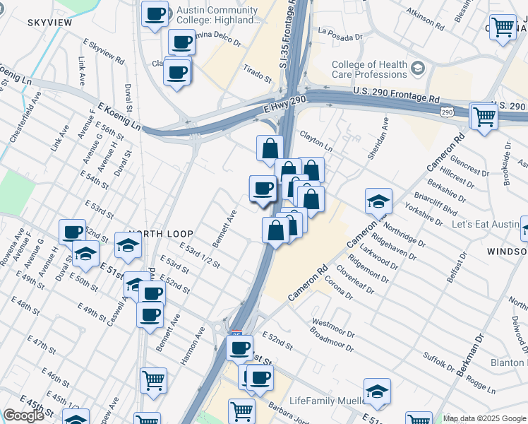 map of restaurants, bars, coffee shops, grocery stores, and more near 5610 North Interstate 35 in Austin