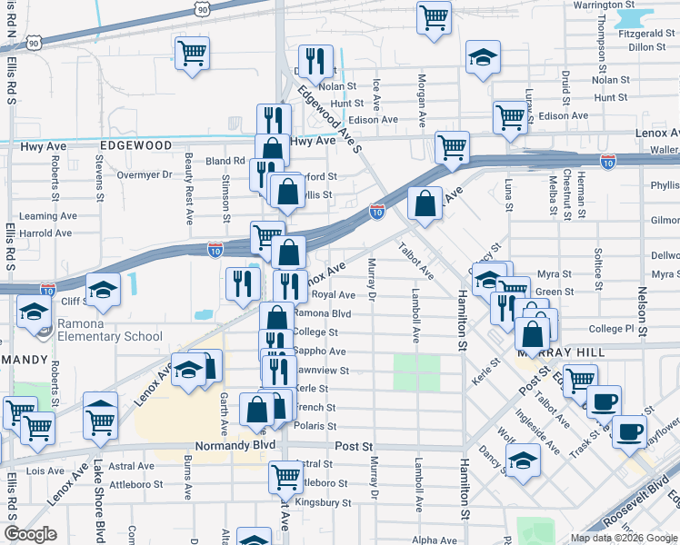 map of restaurants, bars, coffee shops, grocery stores, and more near 4747 Crescent Street in Jacksonville
