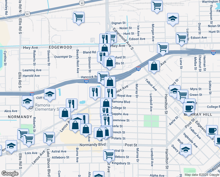 map of restaurants, bars, coffee shops, grocery stores, and more near 629 Cassat Avenue in Jacksonville