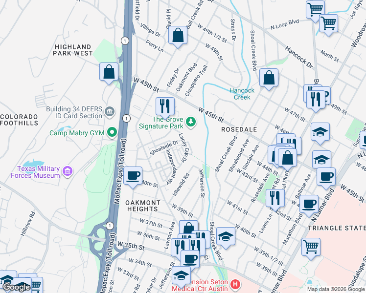 map of restaurants, bars, coffee shops, grocery stores, and more near 4505 Unity Circle in Austin