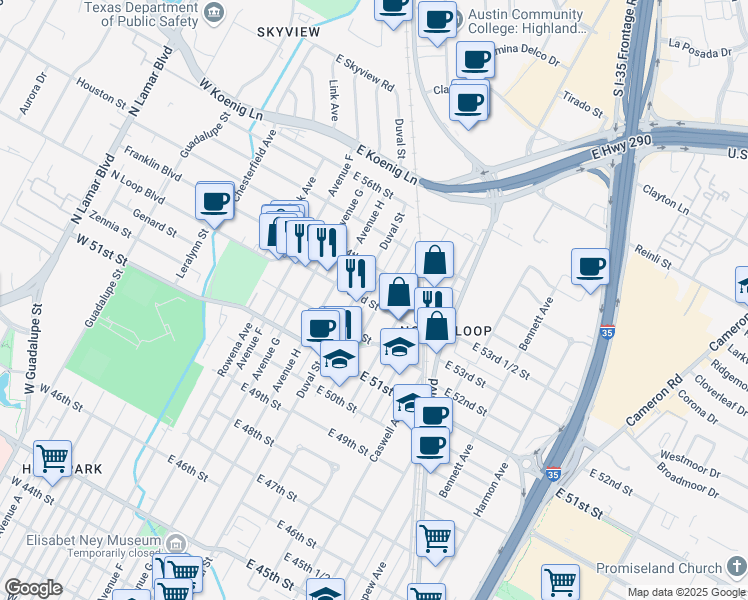 map of restaurants, bars, coffee shops, grocery stores, and more near 5306 Evans Avenue in Austin