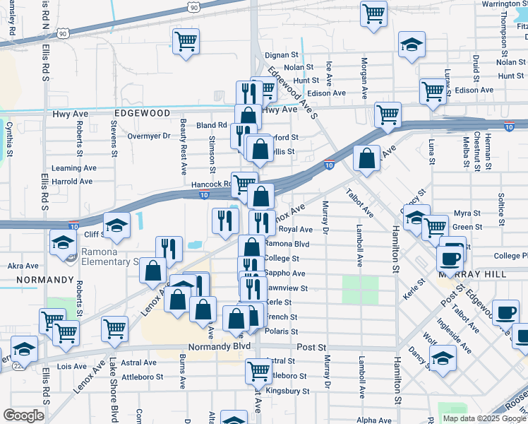 map of restaurants, bars, coffee shops, grocery stores, and more near 629 Cassat Avenue in Jacksonville