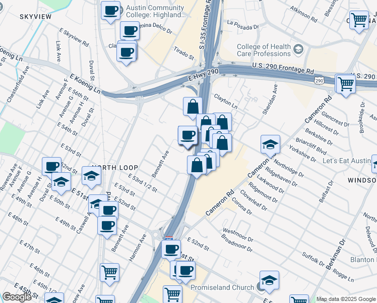 map of restaurants, bars, coffee shops, grocery stores, and more near 5610 North Interstate Highway 35 in Austin