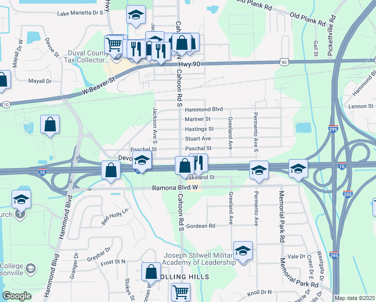 map of restaurants, bars, coffee shops, grocery stores, and more near 8064 Paschal Street in Jacksonville