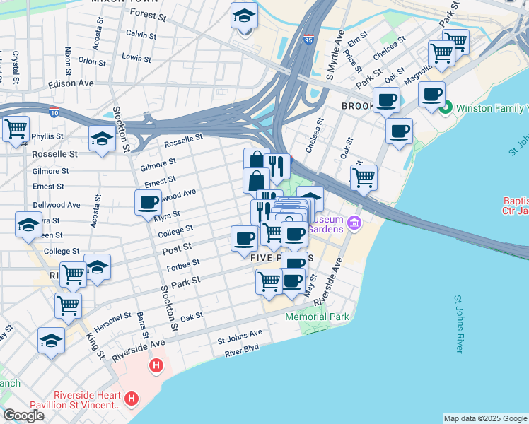 map of restaurants, bars, coffee shops, grocery stores, and more near 904 Margaret Street in Jacksonville