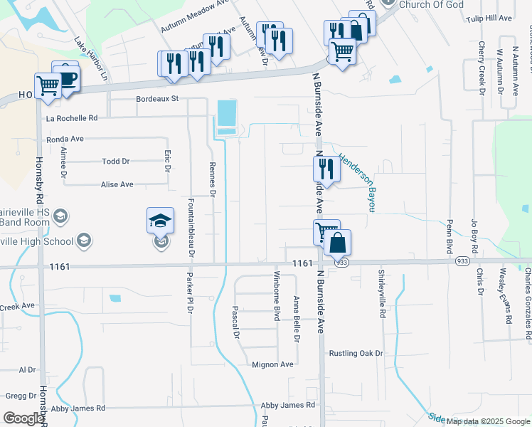 map of restaurants, bars, coffee shops, grocery stores, and more near 17001 Parker Heights Road in Prairieville