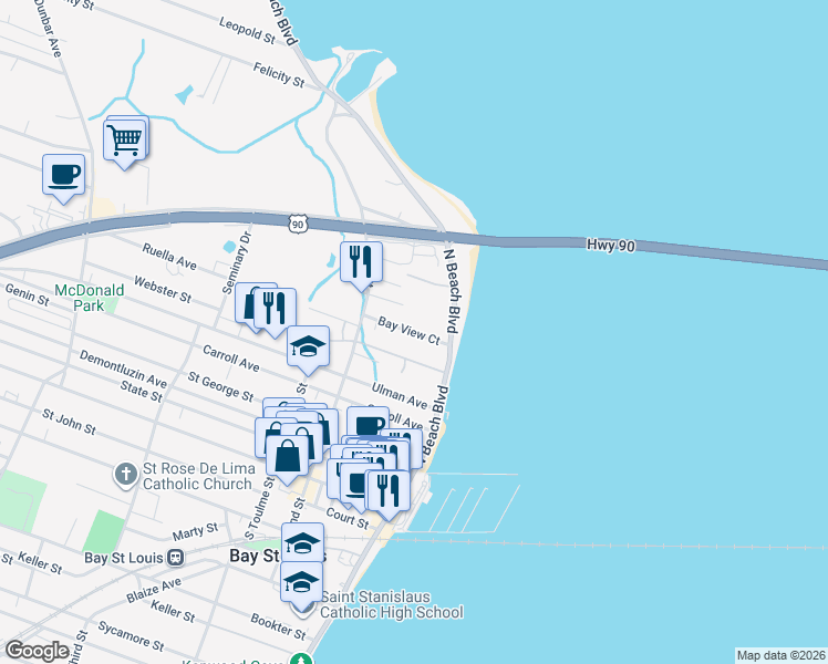 map of restaurants, bars, coffee shops, grocery stores, and more near 109 Bayview Court in Bay St. Louis