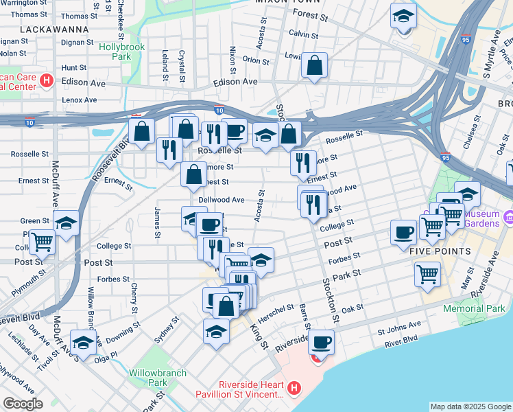 map of restaurants, bars, coffee shops, grocery stores, and more near 2604 Dellwood Avenue in Jacksonville