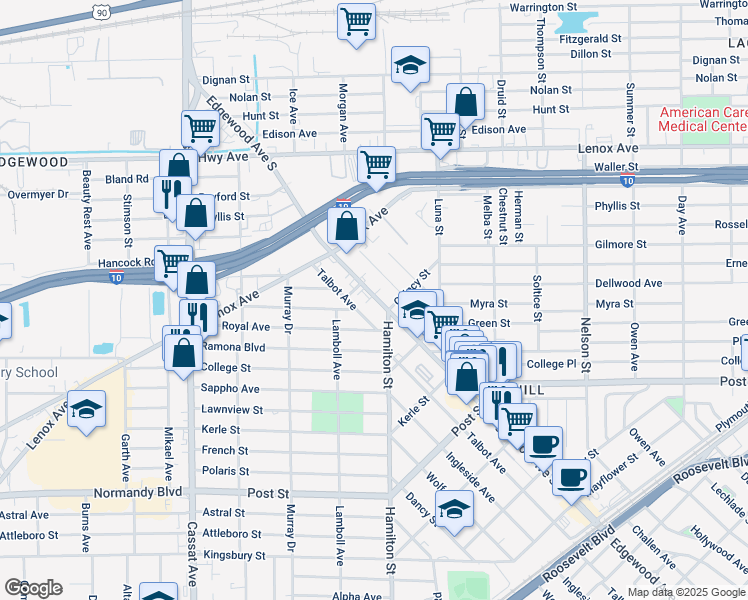 map of restaurants, bars, coffee shops, grocery stores, and more near 596 Edgewood Avenue South in Jacksonville