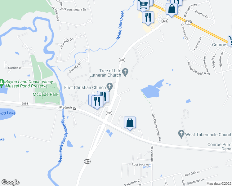 map of restaurants, bars, coffee shops, grocery stores, and more near 3370 North Loop 336 West in Conroe