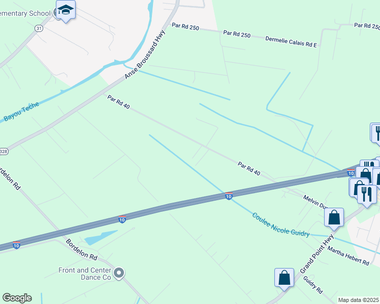 map of restaurants, bars, coffee shops, grocery stores, and more near 1114 Melvin Dupuis Road in Breaux Bridge