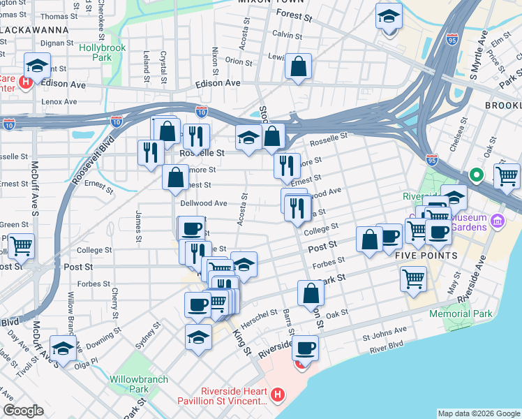 map of restaurants, bars, coffee shops, grocery stores, and more near 2550 Dellwood Avenue in Jacksonville