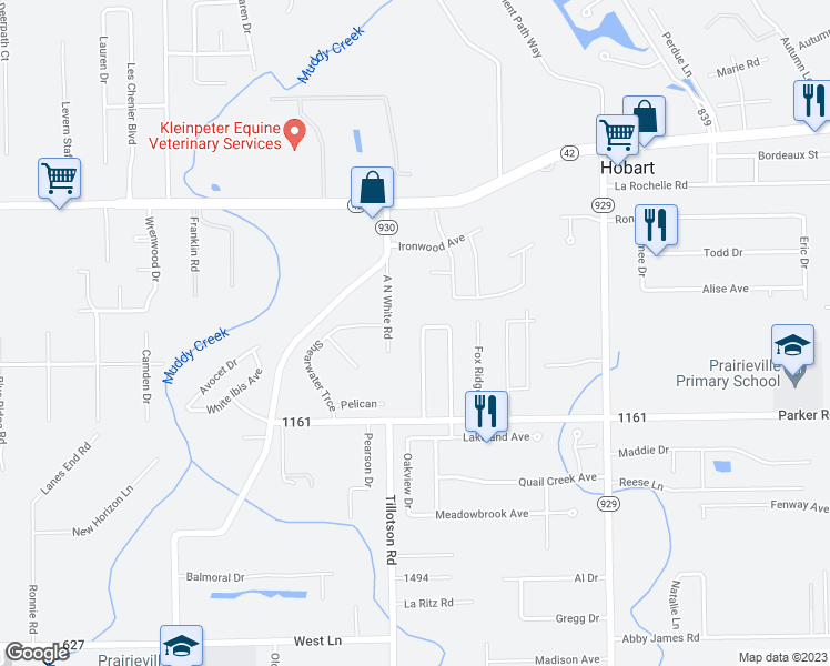 map of restaurants, bars, coffee shops, grocery stores, and more near 17103 Hunters Trace West in Prairieville