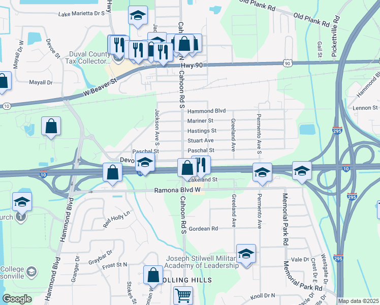 map of restaurants, bars, coffee shops, grocery stores, and more near 8064 Paschal Street in Jacksonville
