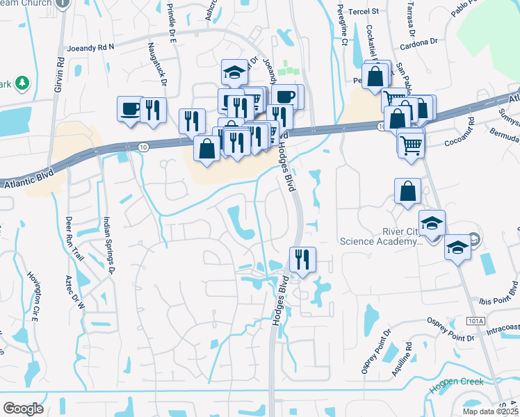 map of restaurants, bars, coffee shops, grocery stores, and more near 2117 Birch Bark Court North in Jacksonville