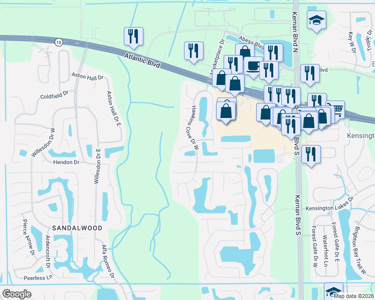 map of restaurants, bars, coffee shops, grocery stores, and more near 12035 Brightmore Way in Jacksonville
