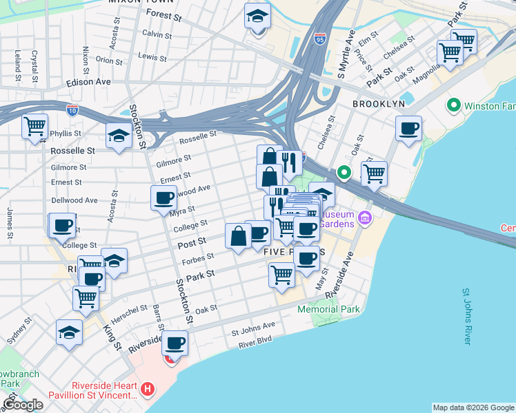 map of restaurants, bars, coffee shops, grocery stores, and more near 873 Goodwin Street in Jacksonville