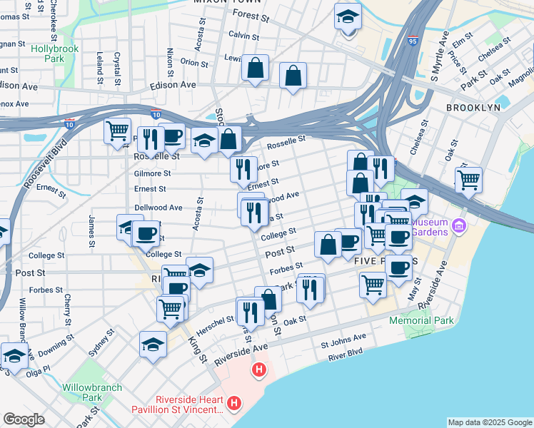 map of restaurants, bars, coffee shops, grocery stores, and more near 2316 Dellwood Avenue in Jacksonville