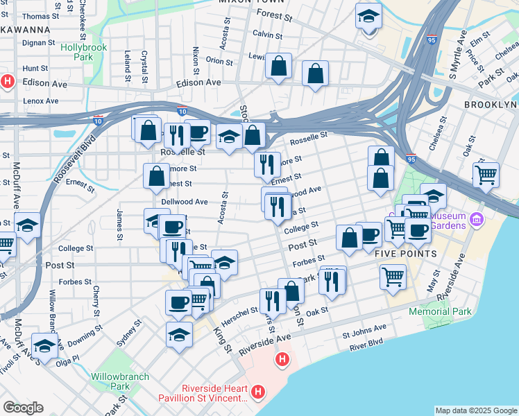 map of restaurants, bars, coffee shops, grocery stores, and more near 2502 Dellwood Avenue in Jacksonville