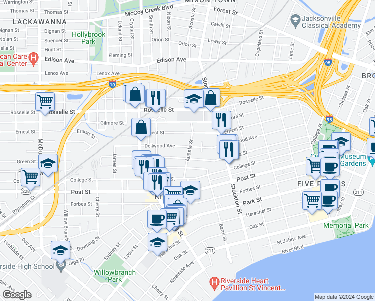 map of restaurants, bars, coffee shops, grocery stores, and more near 2604 Dellwood Avenue in Jacksonville
