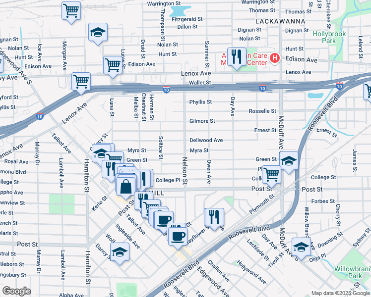 map of restaurants, bars, coffee shops, grocery stores, and more near 816 Nelson Street in Jacksonville