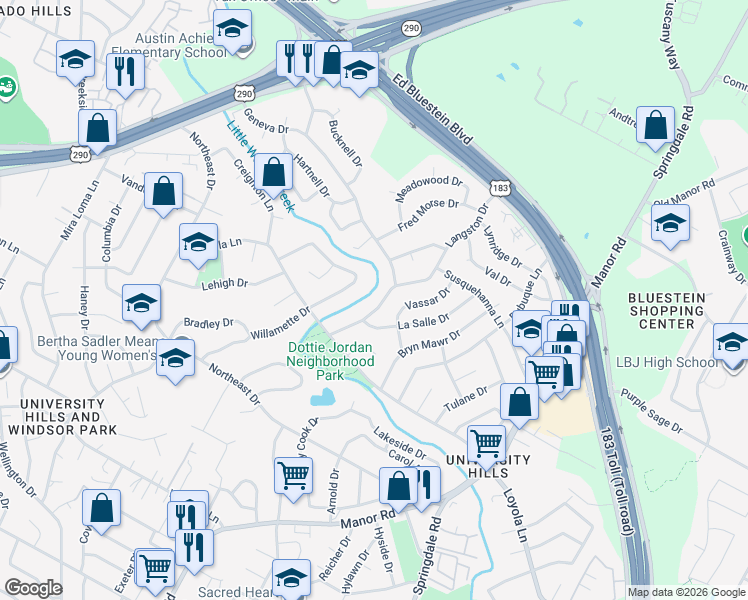 map of restaurants, bars, coffee shops, grocery stores, and more near 6825 Willamette Drive in Austin