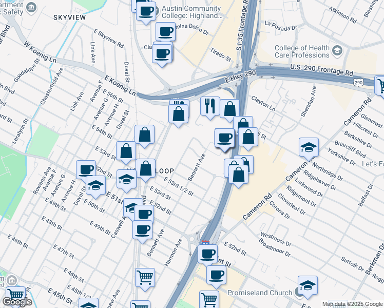 map of restaurants, bars, coffee shops, grocery stores, and more near 901 East 55th 1/2 Street in Austin