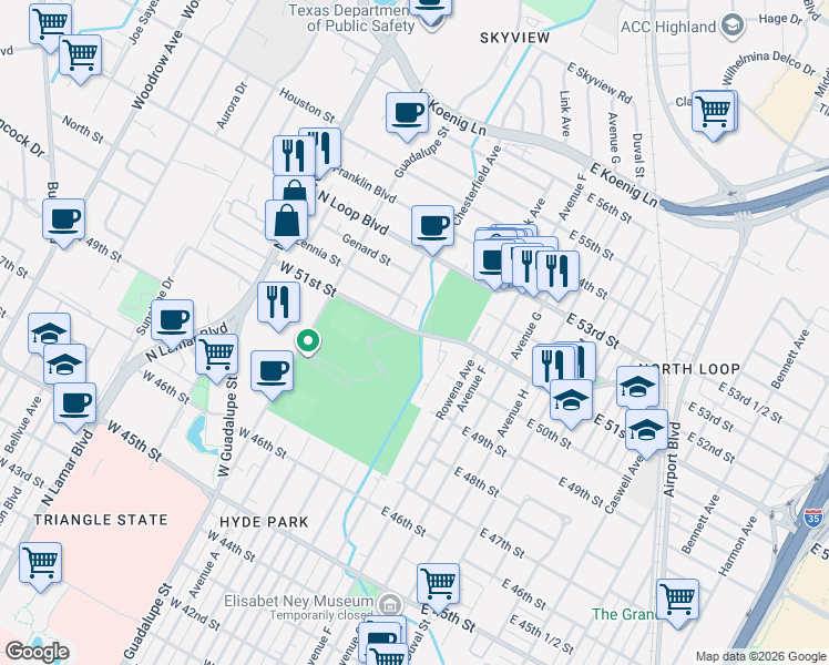 map of restaurants, bars, coffee shops, grocery stores, and more near 210 West 51st Street in Austin