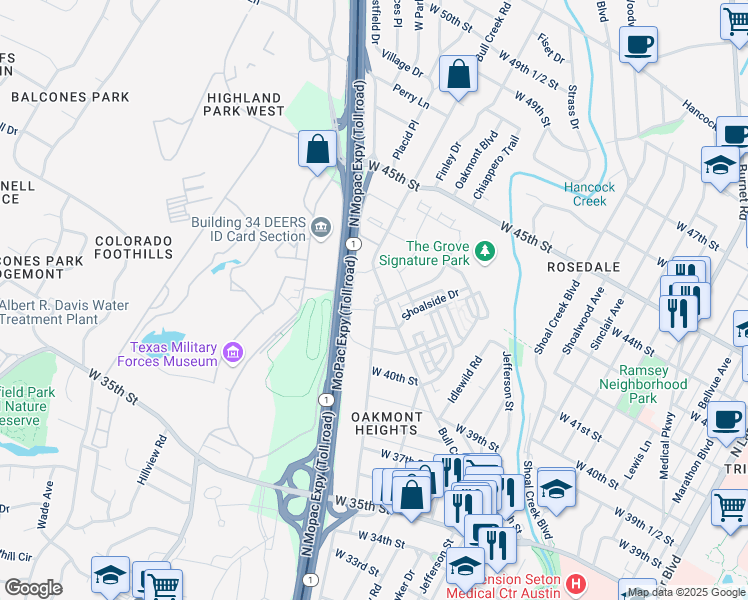 map of restaurants, bars, coffee shops, grocery stores, and more near 4220 1/2 Bull Creek Road in Austin