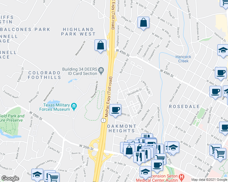 map of restaurants, bars, coffee shops, grocery stores, and more near 4220 1/2 Bull Creek Road in Austin