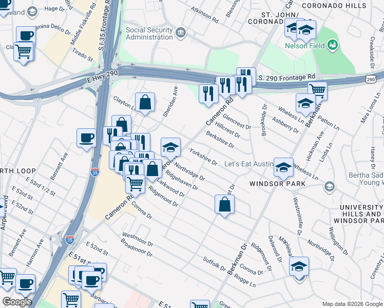 map of restaurants, bars, coffee shops, grocery stores, and more near 1307 Yorkshire Drive in Austin