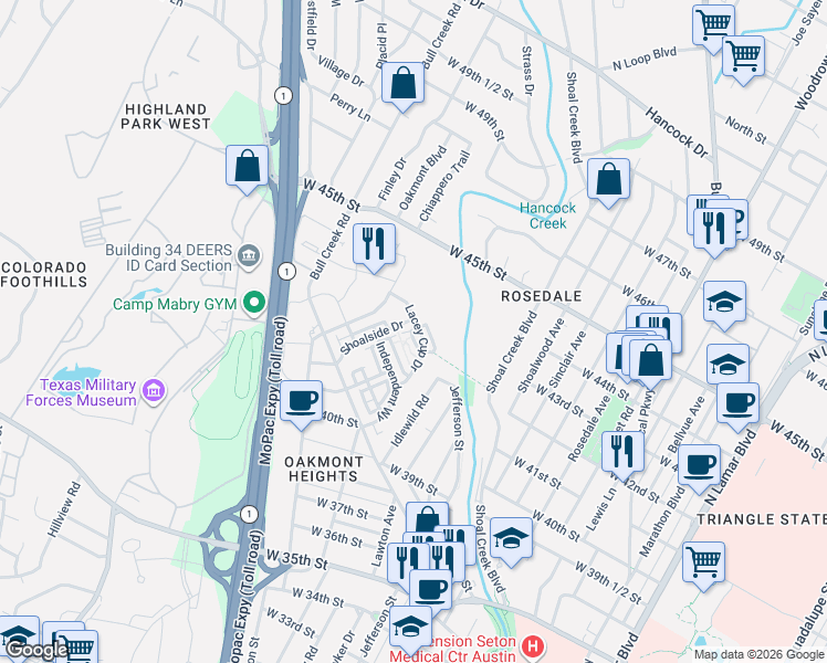 map of restaurants, bars, coffee shops, grocery stores, and more near 4501 Unity Circle in Austin