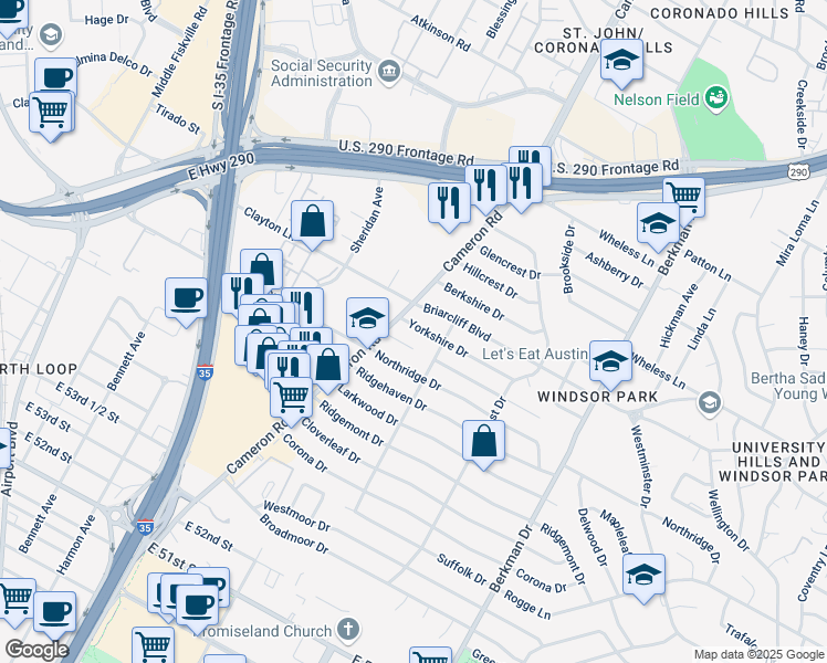 map of restaurants, bars, coffee shops, grocery stores, and more near 1307 Yorkshire Drive in Austin