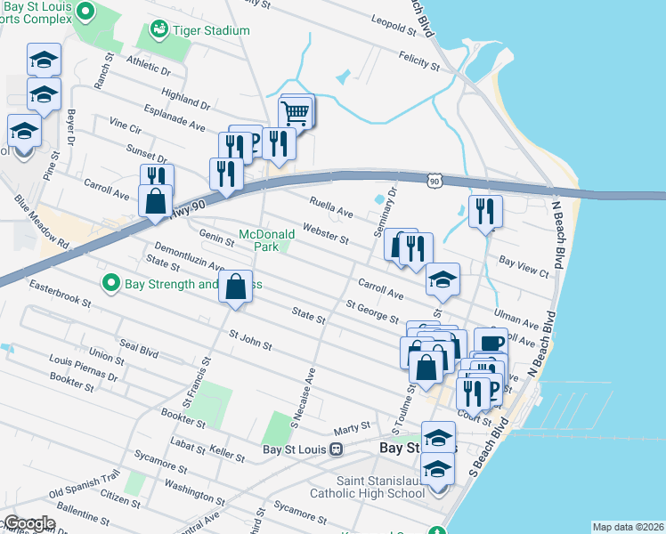 map of restaurants, bars, coffee shops, grocery stores, and more near 408 Ulman Ave in Bay St. Louis