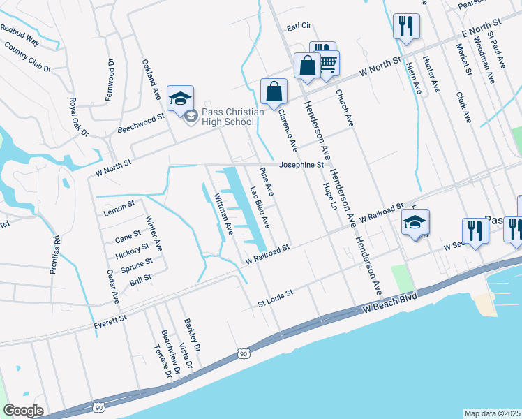 map of restaurants, bars, coffee shops, grocery stores, and more near 324 Lac Bleu Avenue in Pass Christian