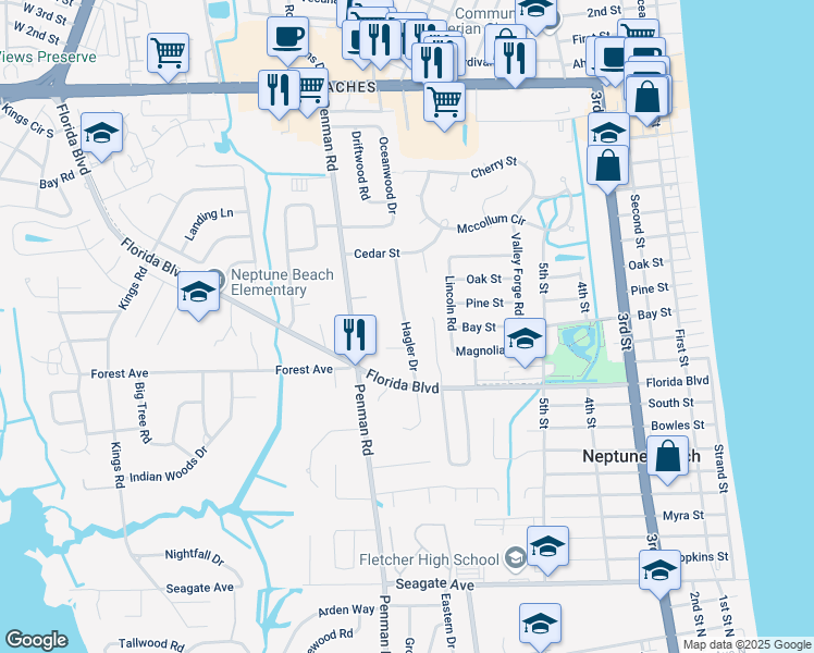 map of restaurants, bars, coffee shops, grocery stores, and more near 1010 Seawood Drive in Neptune Beach