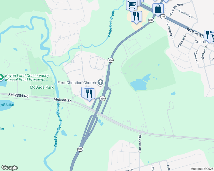 map of restaurants, bars, coffee shops, grocery stores, and more near 3294 North Loop 336 West in Conroe
