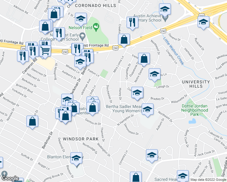 map of restaurants, bars, coffee shops, grocery stores, and more near 2107 Benwick Circle in Austin
